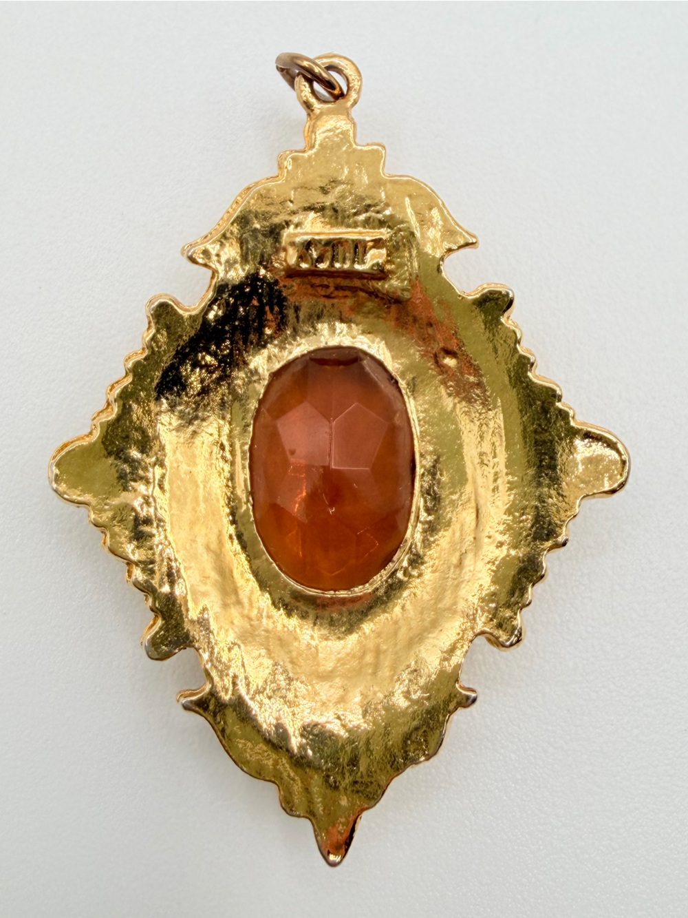 Vintage Victorian Revival Amber Glass Rhinestone Gold Tone Pendant - Picture 7 of 9